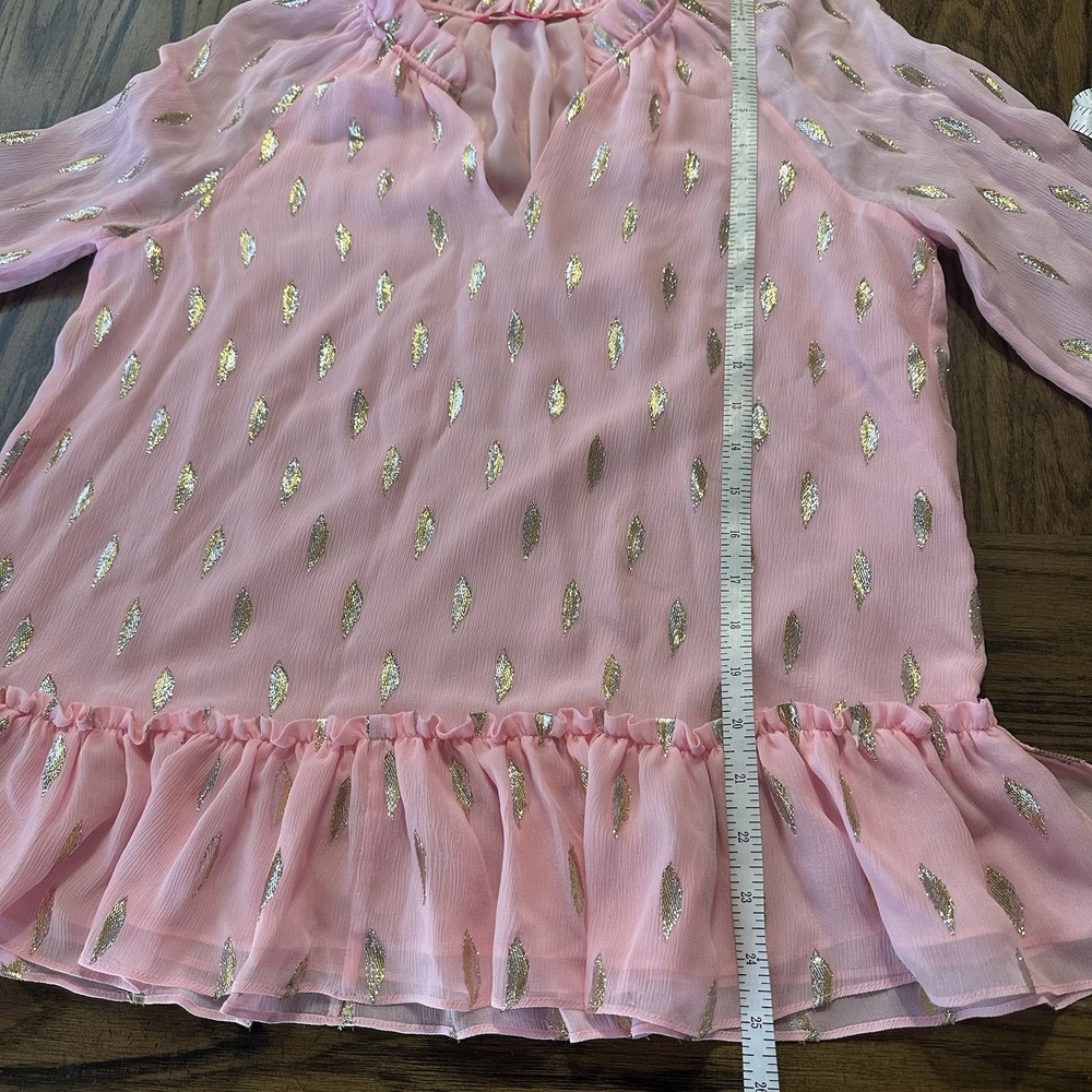 Lilly Pulitzer Tensley‎ Silk Top Pink Metallic Silver Gold Feathers Ruffles Sz S - Picture 15 of 15